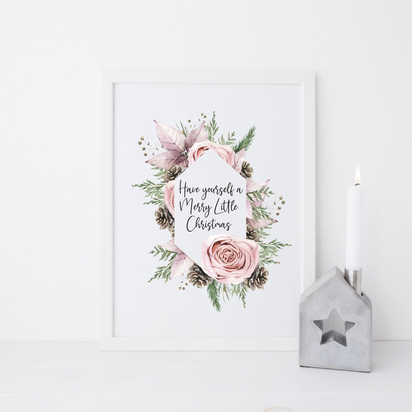 Have yourself a Merry Little Christmas pink rose, and pine cone christmas wreath seasonal unframed wall art poster print