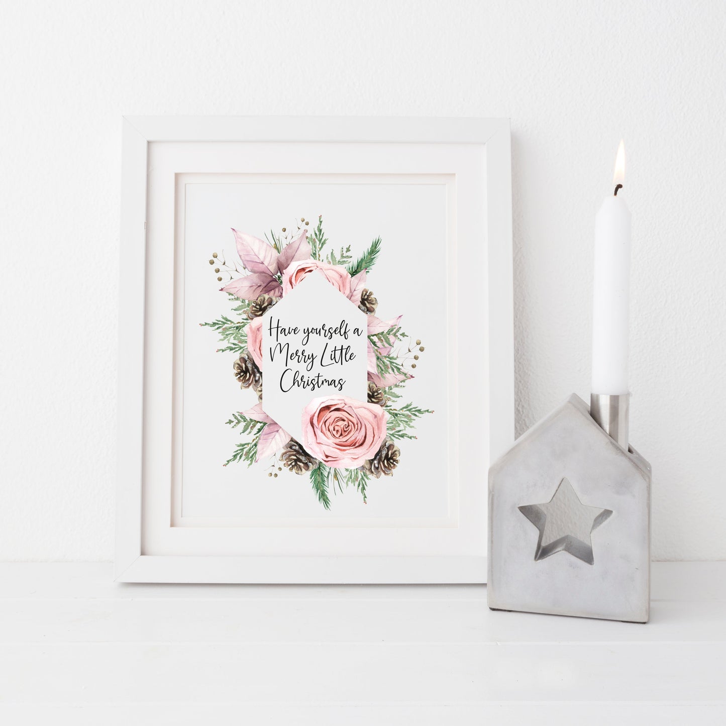 Have yourself a Merry Little Christmas pink rose, and pine cone christmas wreath seasonal unframed wall art poster print