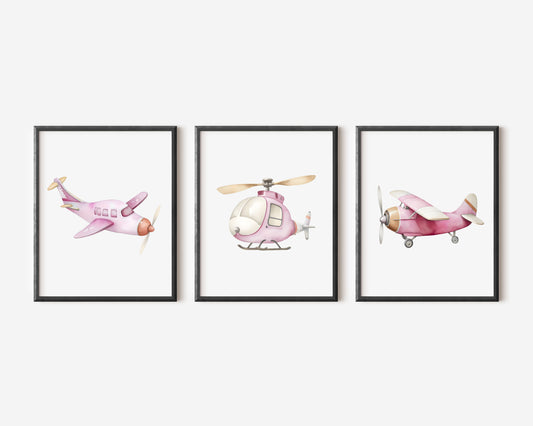 Air transport print set of 3 aviation aeroplane pink beige red girls transport wall art (unframed)
