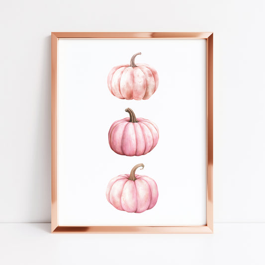 Autumn print, trio of pink seasonal fall watercolour pumpkins fall unframed print, autumn home decor, pumpkin decor, pink autumn, pink art