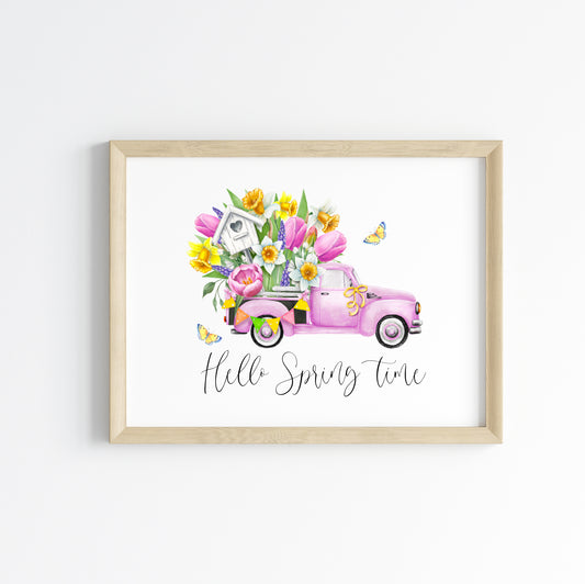 Hello spring time pink floral truck landscape seasonal home bedroom unframed wall art poster print