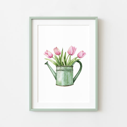 Spring print, green & pink tulips watercolour spring seasonal home bedroom unframed wall art poster print,spring accessories, spring art
