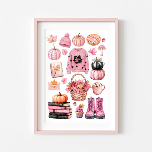 Autumn Favourites Pink seasonal Watercolour Print Seasonal Wall Art (unframed)