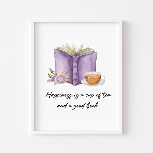Happiness is a cup of tea and a good watercolour purple book and roses unframed wall art poster print
