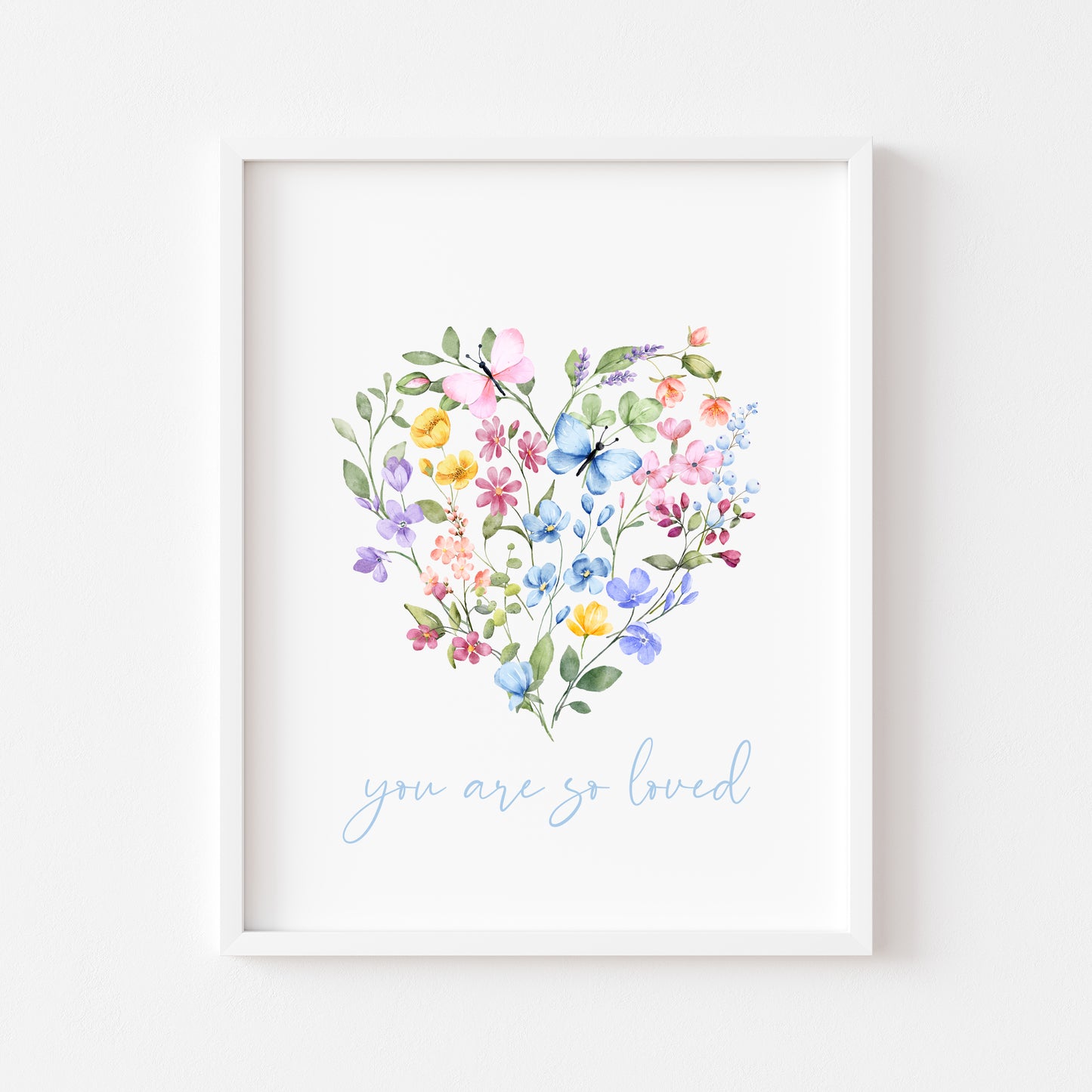 You are so loved blue purple pink watercolour wildflower heart unframed wall art poster print