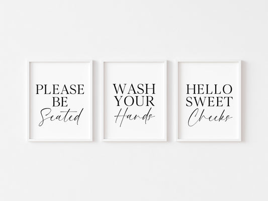 Set of 3 bathroom prints, Please be seated wash your hands hello sweet cheeks set of bathroom signs unframed wall art bathroom prints