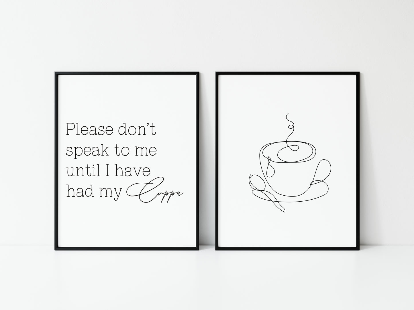 Set of 2 kitchen prints Please don't speak to me until I've had my cuppa line drawing kitchen prints unframed wall art poster prints kitchen accessories kitchen art set