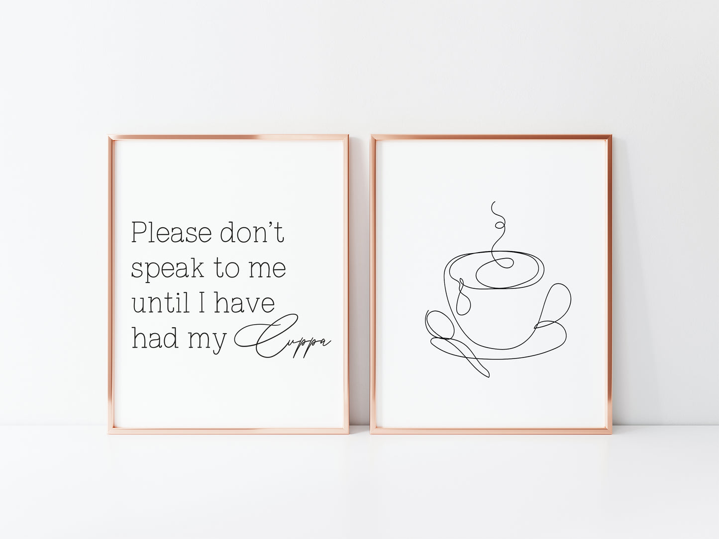 Set of 2 kitchen prints Please don't speak to me until I've had my cuppa line drawing kitchen prints unframed wall art poster prints kitchen accessories kitchen art set