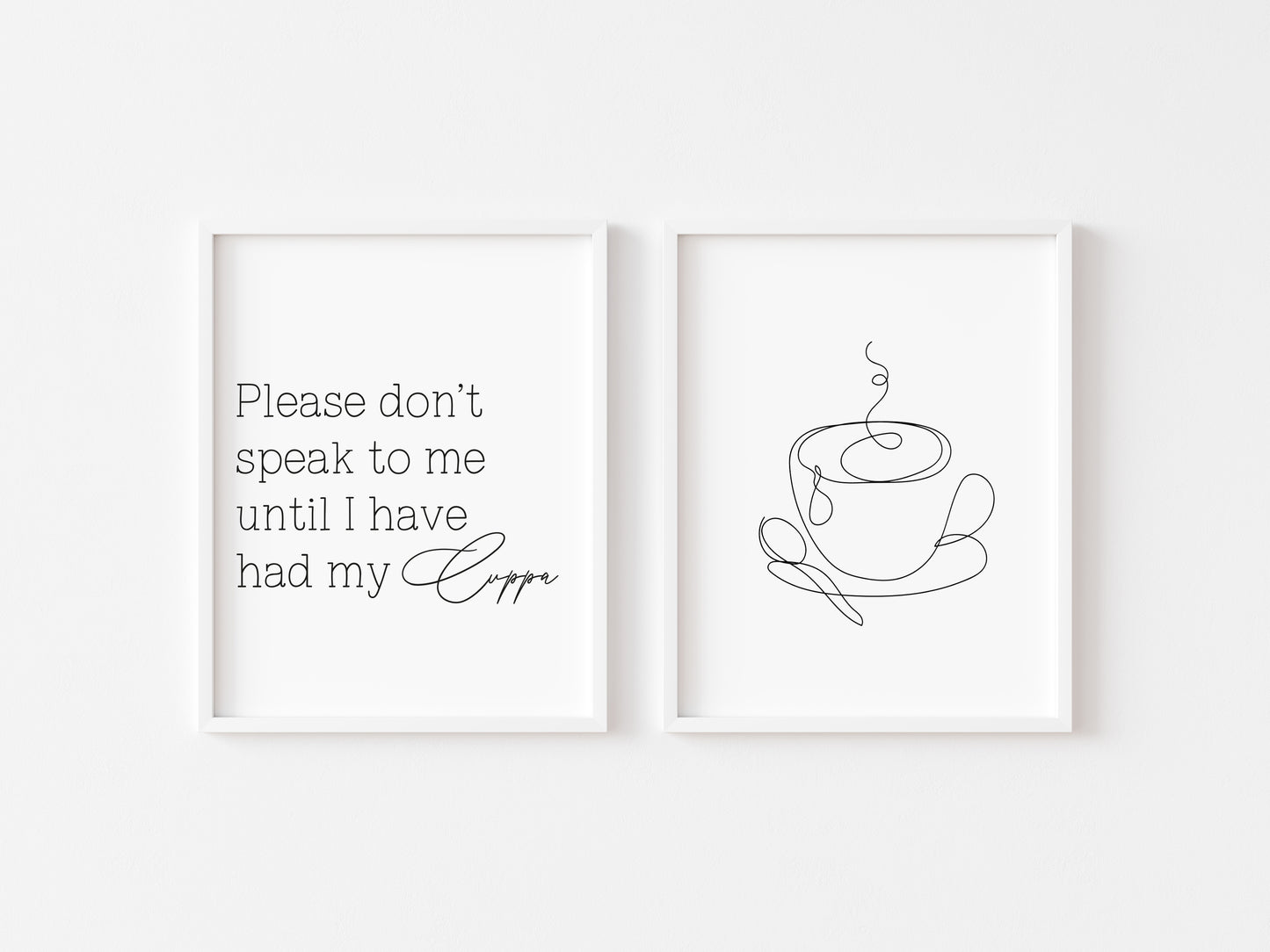 Set of 2 kitchen prints Please don't speak to me until I've had my cuppa line drawing kitchen prints unframed wall art poster prints kitchen accessories kitchen art set