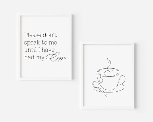 Set of 2 kitchen prints Please don't speak to me until I've had my cuppa line drawing kitchen prints unframed wall art poster prints kitchen accessories kitchen art set