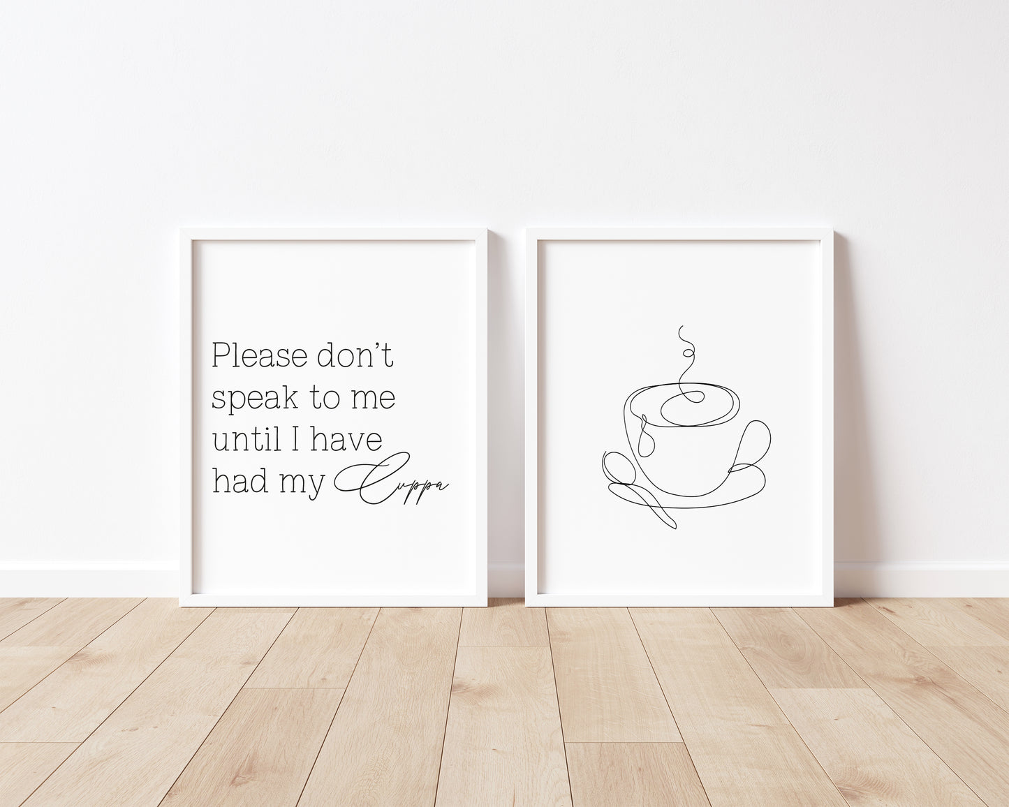 Set of 2 kitchen prints Please don't speak to me until I've had my cuppa line drawing kitchen prints unframed wall art poster prints kitchen accessories kitchen art set