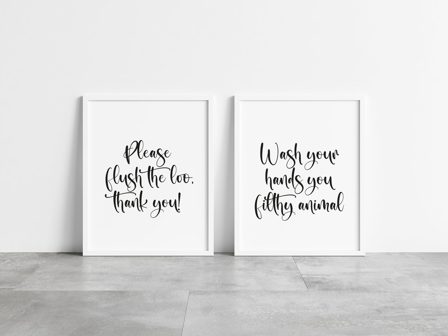 Set of 2 bathroom prints, please flush the loo thank you, wash your hands you filthy animal bathroom washroom toilet en suite unframed wall art poster prints