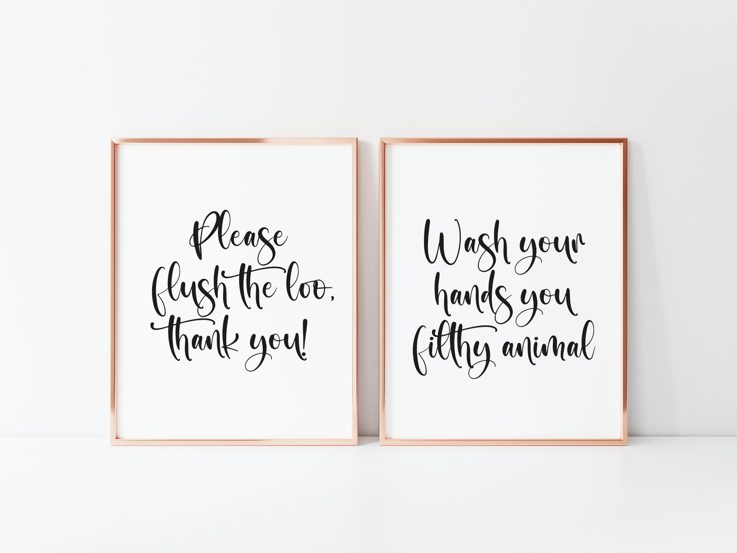Set of 2 bathroom prints, please flush the loo thank you, wash your hands you filthy animal bathroom washroom toilet en suite unframed wall art poster prints