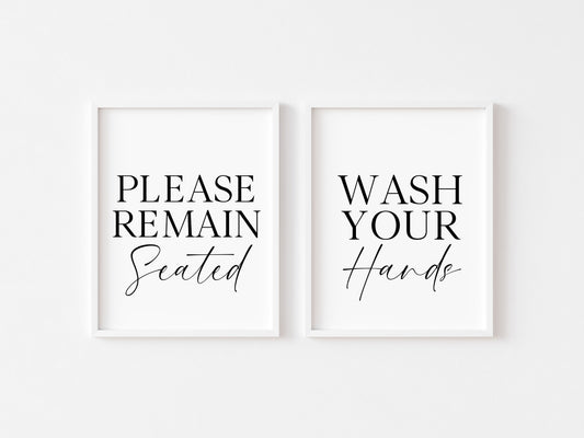 Set of 2 bathroom prints, Please remain seated, wash your hands set of bathroom unframed wall art poster prints, set of bathroom wall art