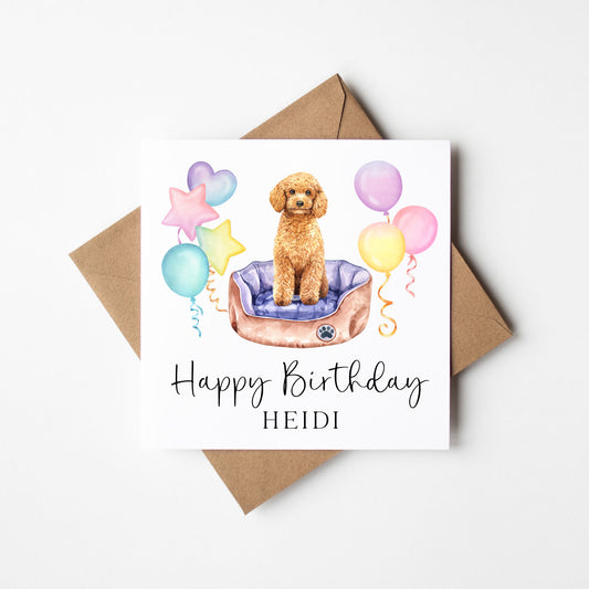 Personalised Poodle & Balloons Birthday card, custom dog golden poodle lover birthday card
