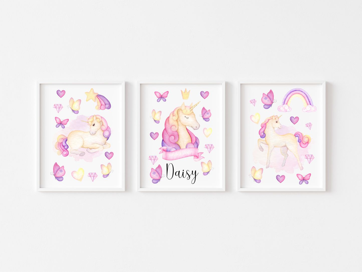 Set of 3 unicorn prints, pink purple yellow girls bedroom wall art poster prints, hearts stars crystals girls nursery bedroom decor prints