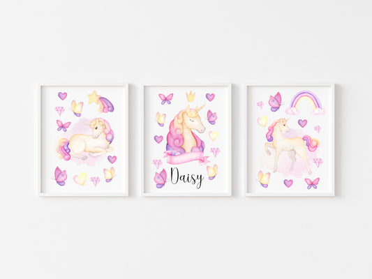 Set of 3 unicorn prints, pink purple yellow girls bedroom wall art poster prints, hearts stars crystals girls nursery bedroom decor prints