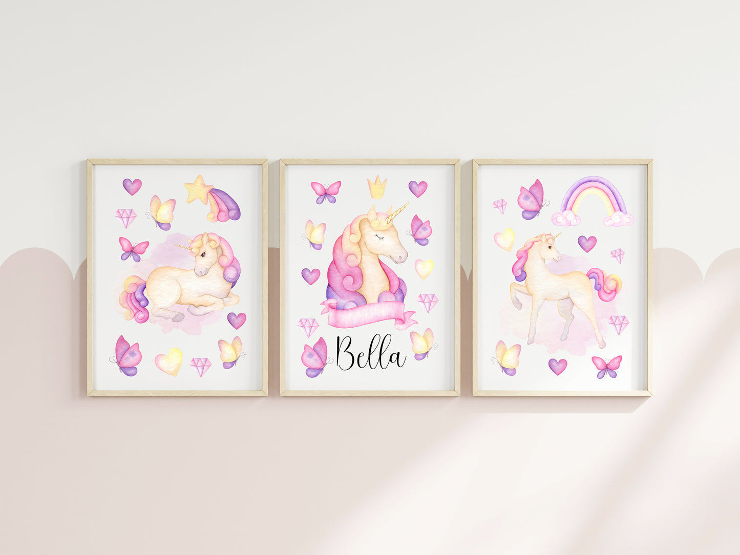Set of 3 unicorn prints, pink purple yellow girls bedroom wall art poster prints, hearts stars crystals girls nursery bedroom decor prints