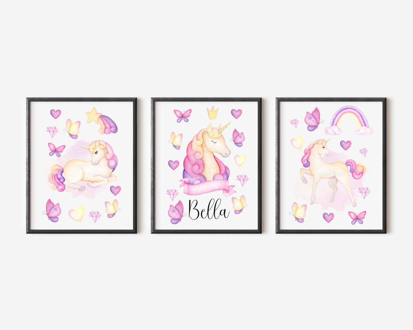Set of 3 unicorn prints, pink purple yellow girls bedroom wall art poster prints, hearts stars crystals girls nursery bedroom decor prints