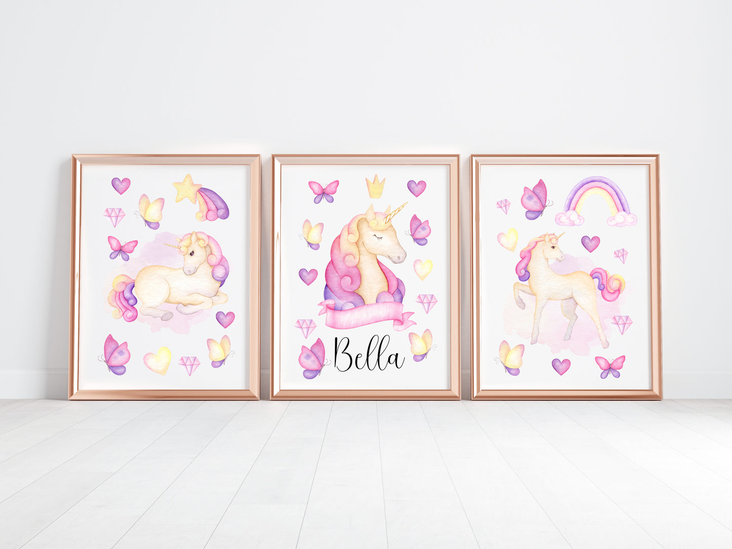 Set of 3 unicorn prints, pink purple yellow girls bedroom wall art poster prints, hearts stars crystals girls nursery bedroom decor prints