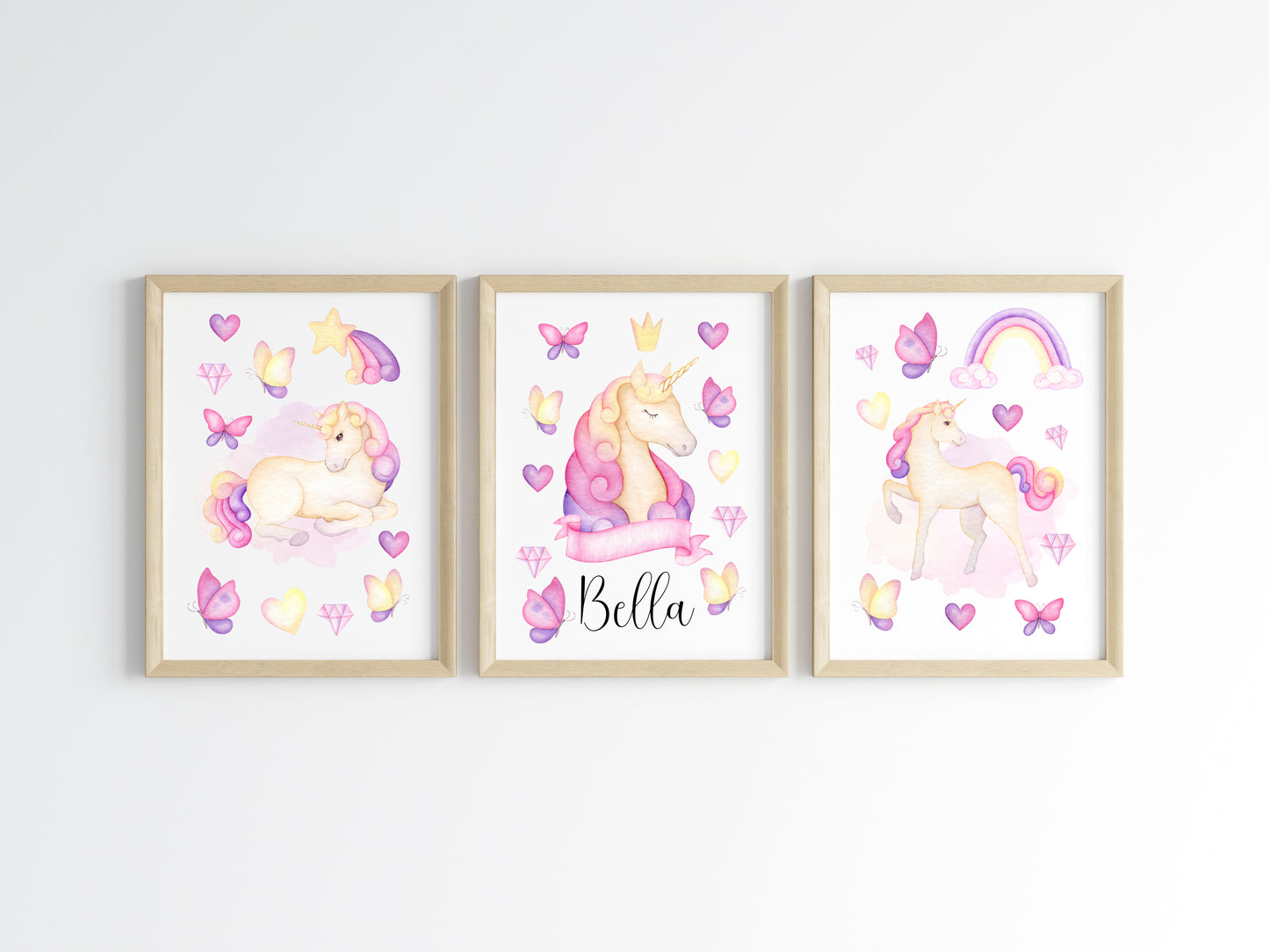 Set of 3 unicorn prints, pink purple yellow girls bedroom wall art poster prints, hearts stars crystals girls nursery bedroom decor prints