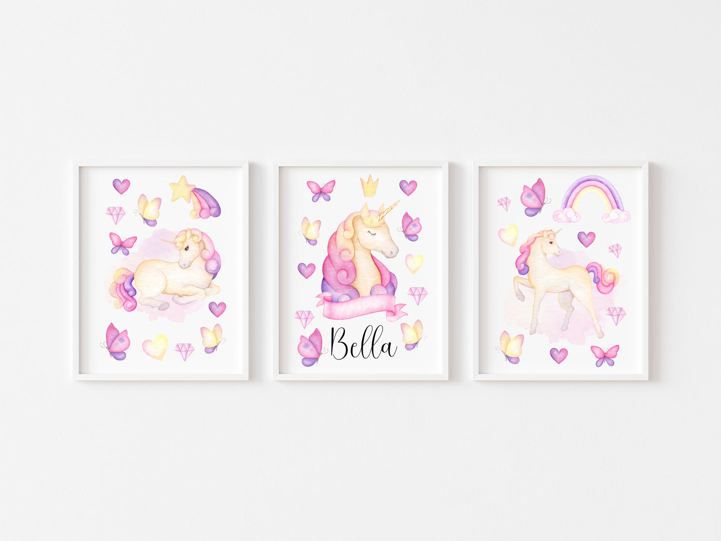Set of 3 unicorn prints, pink purple yellow girls bedroom wall art poster prints, hearts stars crystals girls nursery bedroom decor prints