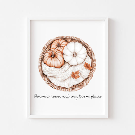 Pumpkins leaves & cosy throws please beige neutral cosy autumn watercolour unframed wall art poster print