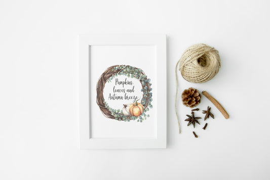 Pumpkins leaves and Autumn Breeze watercolour wreath seasonal unframed wall art poster print