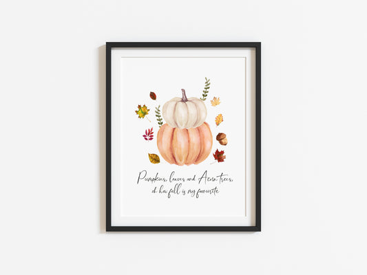 Pumpkins, leaves, and Acorn trees, oh how fall is my favourite watercolour seasonal unframed wall art poster print