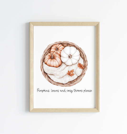 Pumpkins leaves & cosy throws please beige neutral cosy autumn watercolour unframed wall art poster print