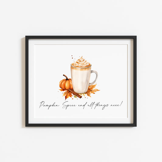 Pumpkin spice and all things nice landscape pumpkin latte watercolour illustration unframed wall art poster print