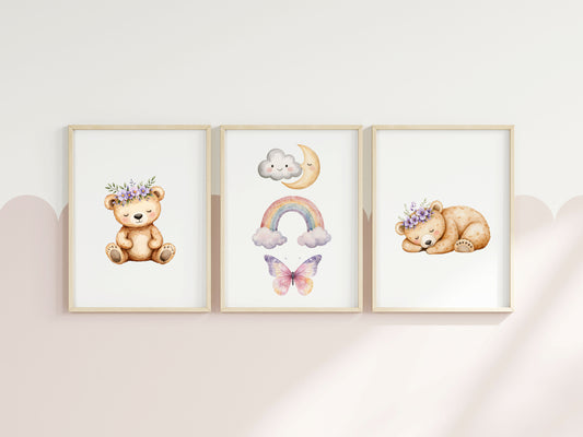 Woodland bear Nursery Prints Set Pink Purple bears rainbows & clouds Girls Room Decor unframed wall art posters