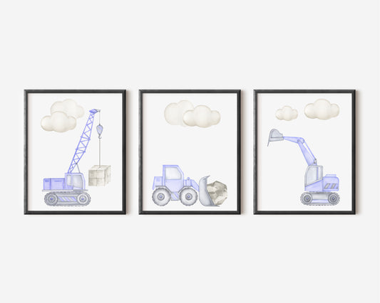 Set of 3 watercolour kids digger truck construction purple grey illustration set of unframed wall art poster prints