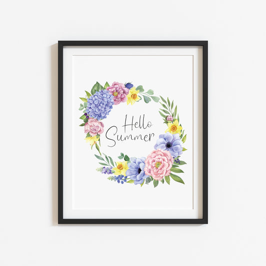 Summer print, Hello Summer purple blue yellow vibrant floral wreath unframed wall art poster print
