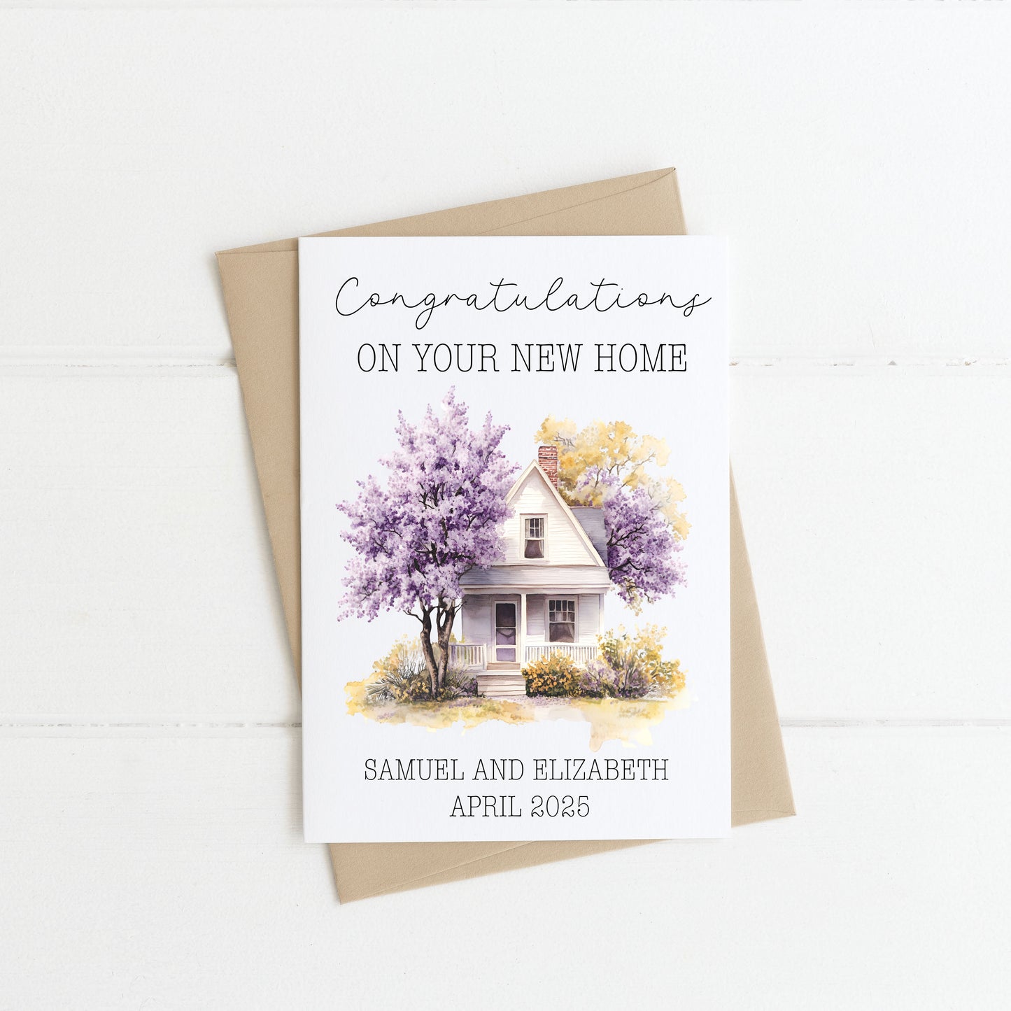 Congratulations on your new home card, watercolour cute purple home cottage personalised with names & date, envelope,kraft brown or white