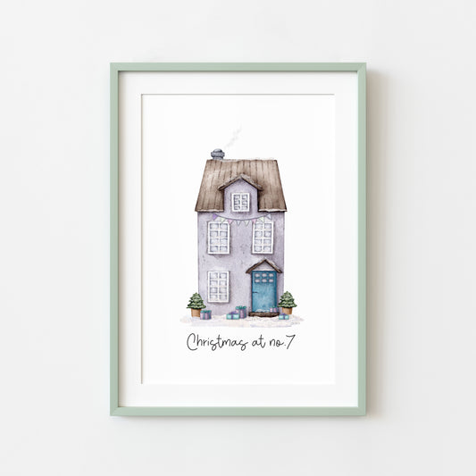 Personalised Christmas House print, purple watercolour Green xmas trees (Unframed)