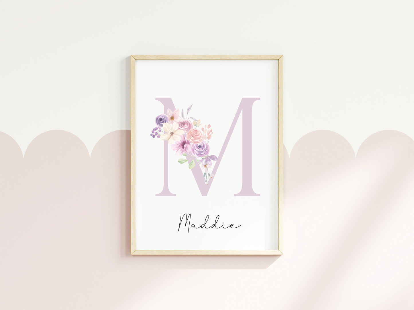 Personalised purple pink floral initial name print, bedroom nursery home unframed wall art poster print, initial print, floral nursery print