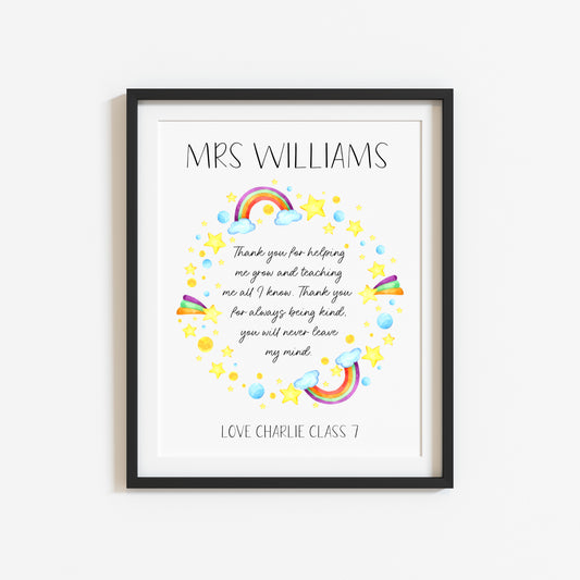 Personalised Thank you teacher watercolour rainbow and clouds wreath illustration unframed wall art poster print