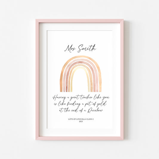 Personalised, Having a great teacher like you is like finding a pot of gold at the end of a rainbow illustration unframed wall art poster print