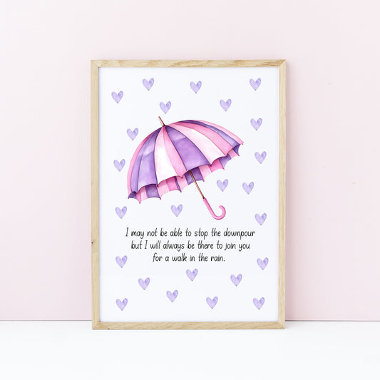 Walk in the Rain Print Rainbow Umbrella, pink purple hearts Motivational Wall Art (unframed)