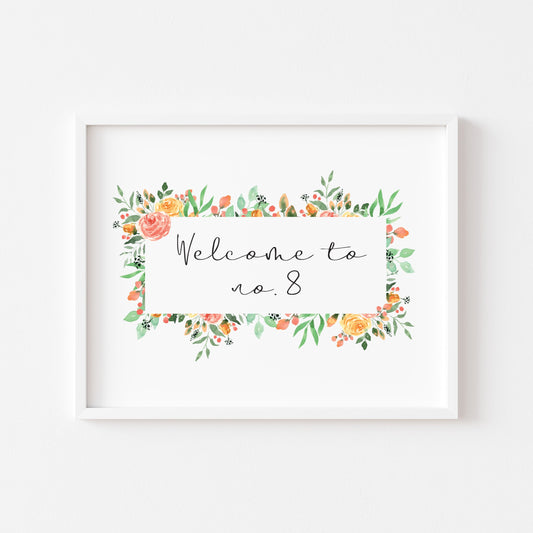 Welcome to no. house number personalised red and yellow watercolour unframed wall art poster print