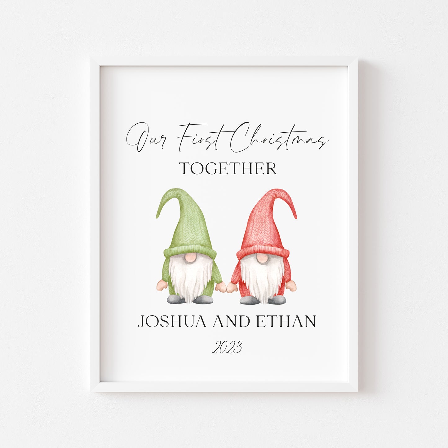 Personalised Our first Christmas together watercolour green and red gnome gonks seasonal unframed wall art poster print