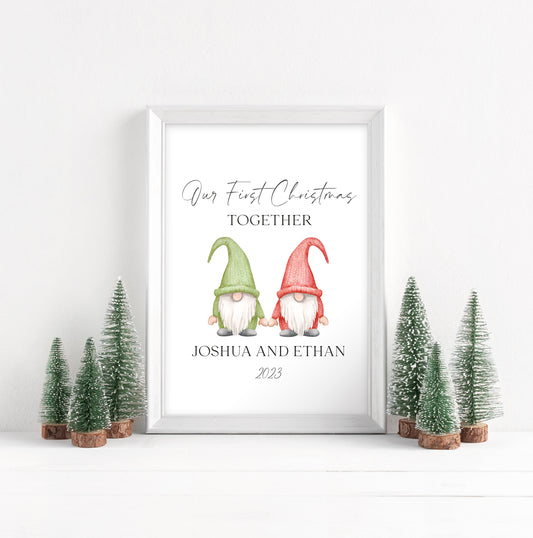 Personalised Our first Christmas together watercolour green and red gnome gonks seasonal unframed wall art poster print