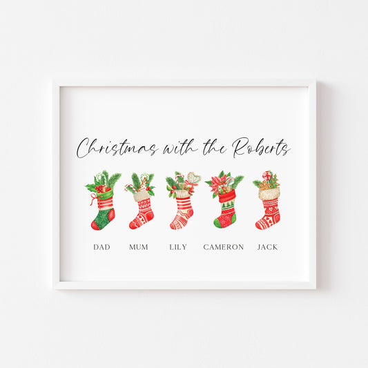 Personalised Christmas stocking family print red & green stockings winter watercolour wreath unframed wall art poster print
