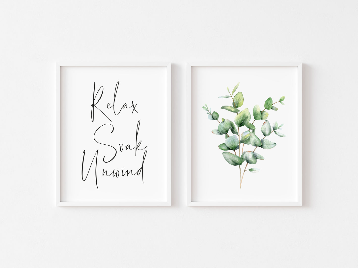 Set of 2 bathroom prints, Relax soak unwind eucalyptus stem wreath unframed wall art poster prints