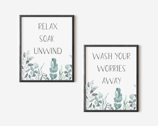 Set of 2 bathroom prints, Relax soak unwind wash your worries away plant eucalyptus borderless unframed wall art poster prints