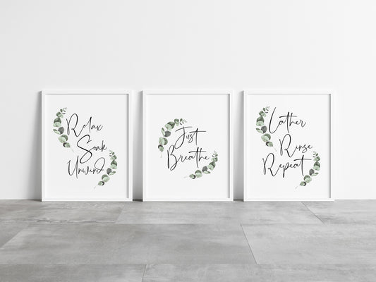 Set of 3 bathroom prints, Lather rinse repeat botanical bathroom washroom unframed wall art poster prints
