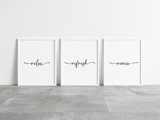 Set of 3 bathroom prints swirly relax refresh renew set wall art poster unframed prints
