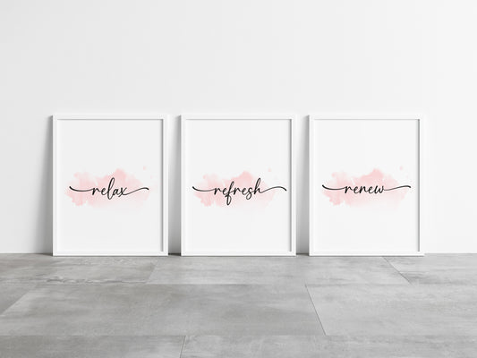Set of 3 bathroom prints swirly pink watercolour relax refresh renew set wall art poster unframed prints