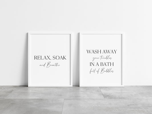 Set of 2 bathroom prints, relax soak & breathe, bath full of bubbles bathroom washroom toilet en suite unframed wall art poster prints